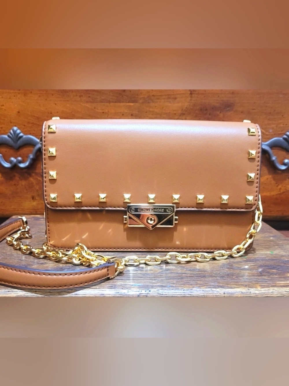 Michael Kors Camel Leather Crossbody with Gold Studs and Chain